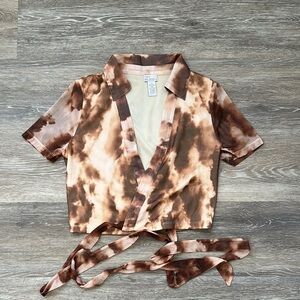 Cream and Brown Crop Tie Front Button Down Top